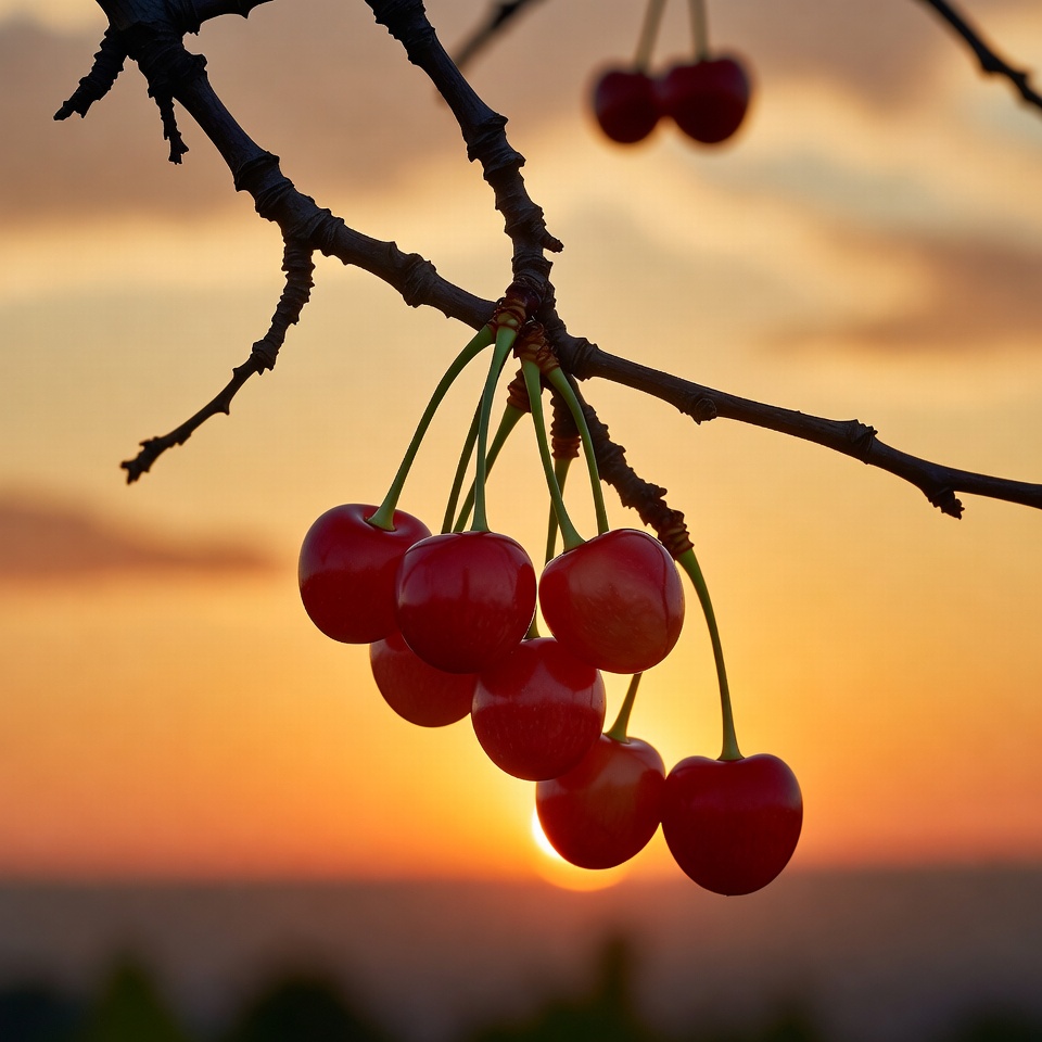 Ripe Cherries Hanging on Branch at Sunset Ripe Cherries Hanging on Branch at Sunset