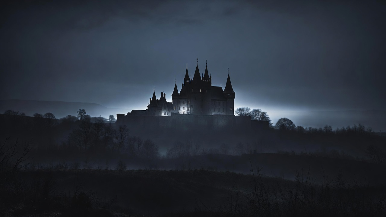 Silhouette of Gothic Castle on Hill Silhouette of Gothic Castle on Hill