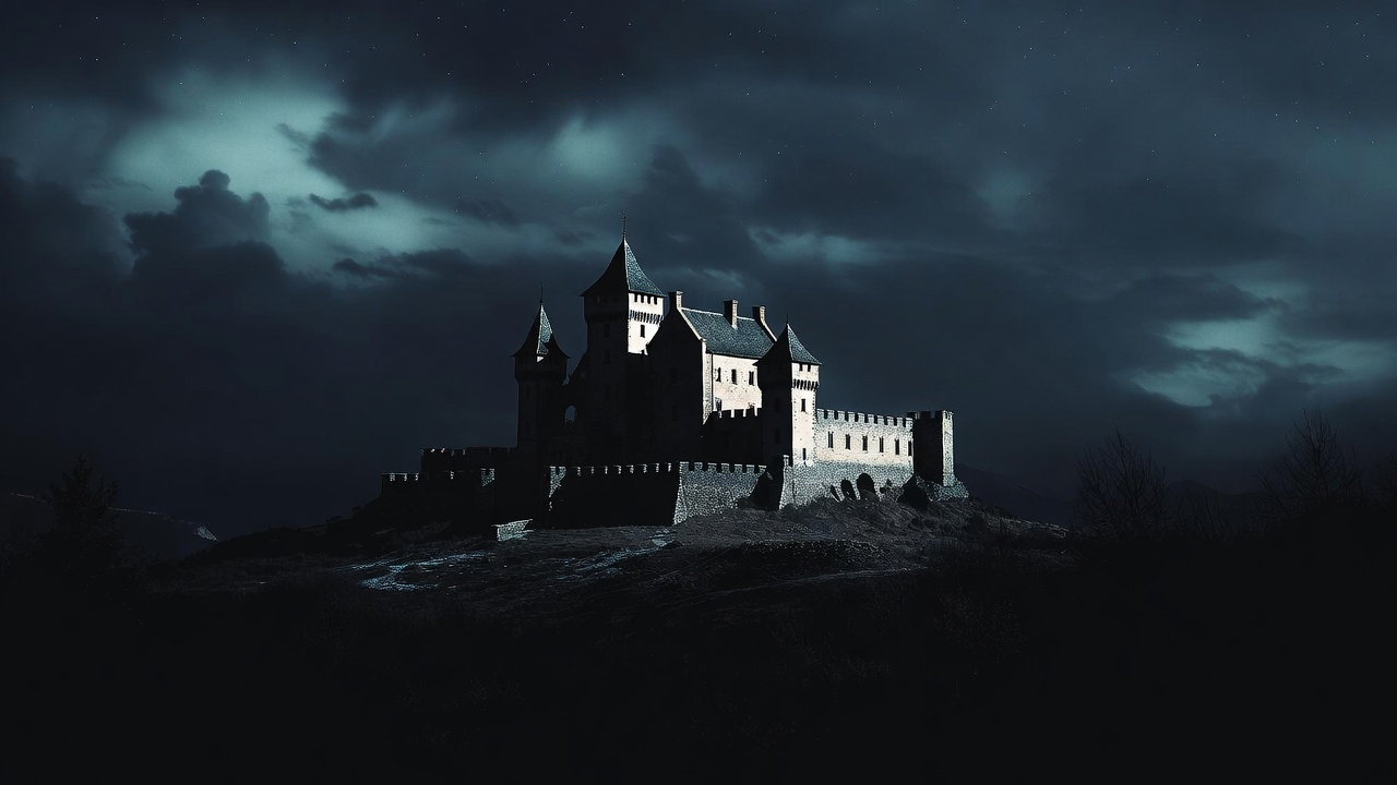 Medieval Castle on Hill at Night Medieval Castle on Hill at Night
