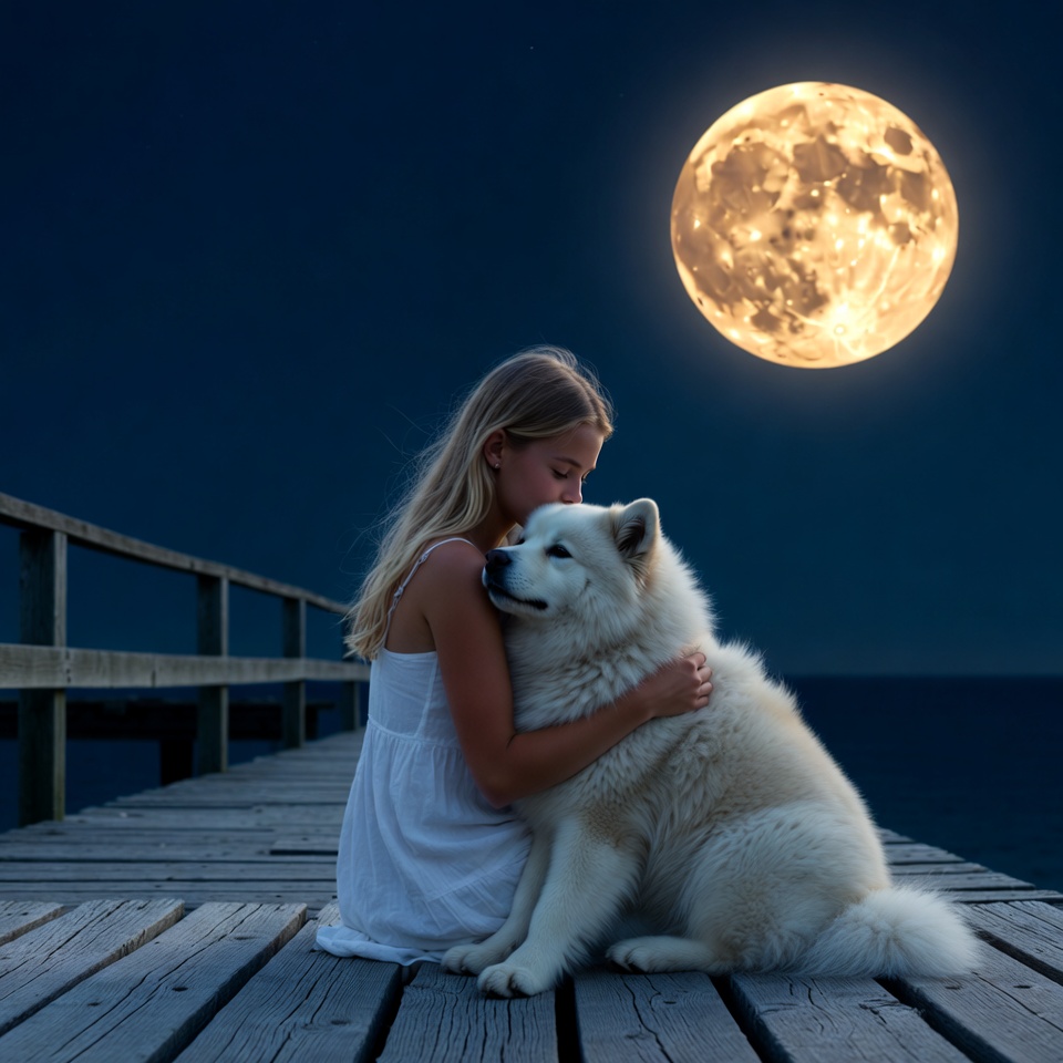 Woman hugging Samoyed dog under full moon Woman hugging Samoyed dog under full moon