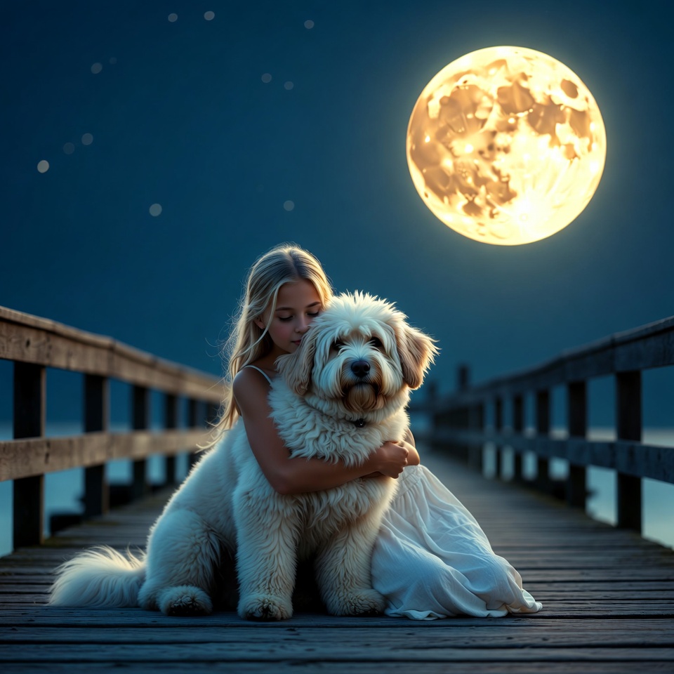Girl hugging dog on pier under moon Girl hugging dog on pier under moon