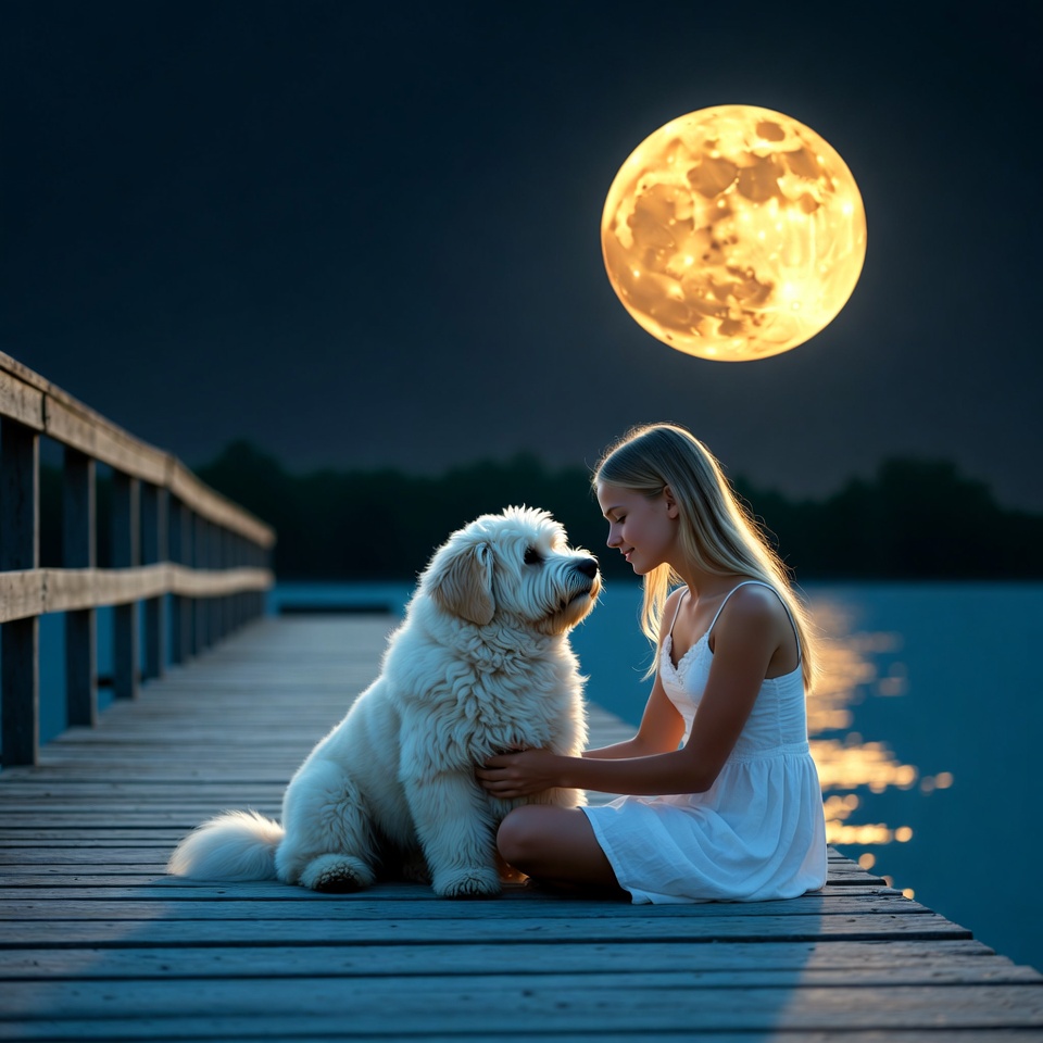 Girl hugging Goldendoodle on moonlit dock Girl hugging Goldendoodle on moonlit dock