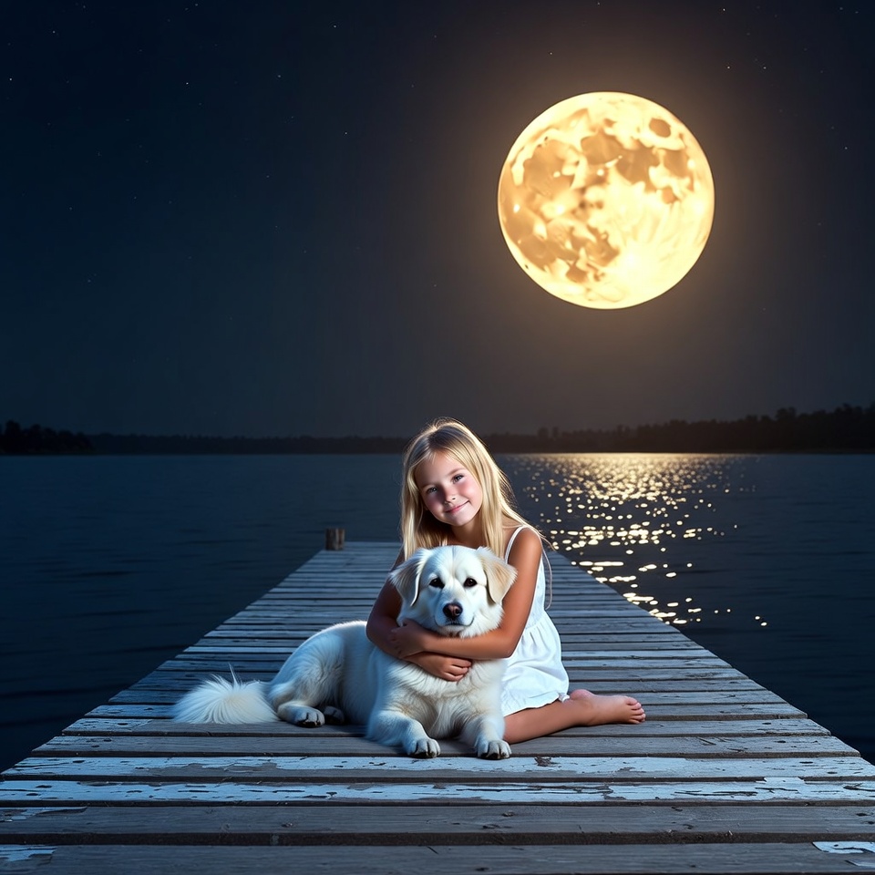 Girl hugging white dog on moonlit pier Girl hugging white dog on moonlit pier