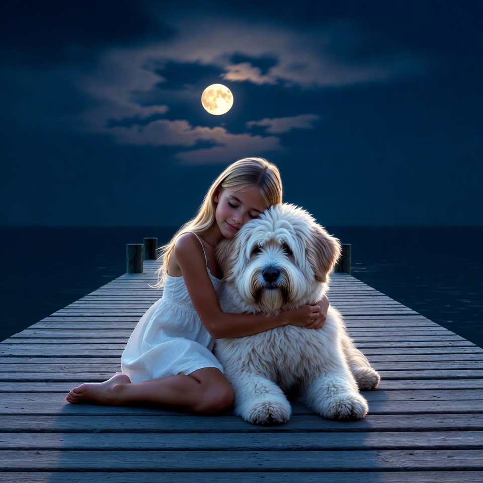 Girl hugging fluffy dog on moonlit pier Girl hugging fluffy dog on moonlit pier