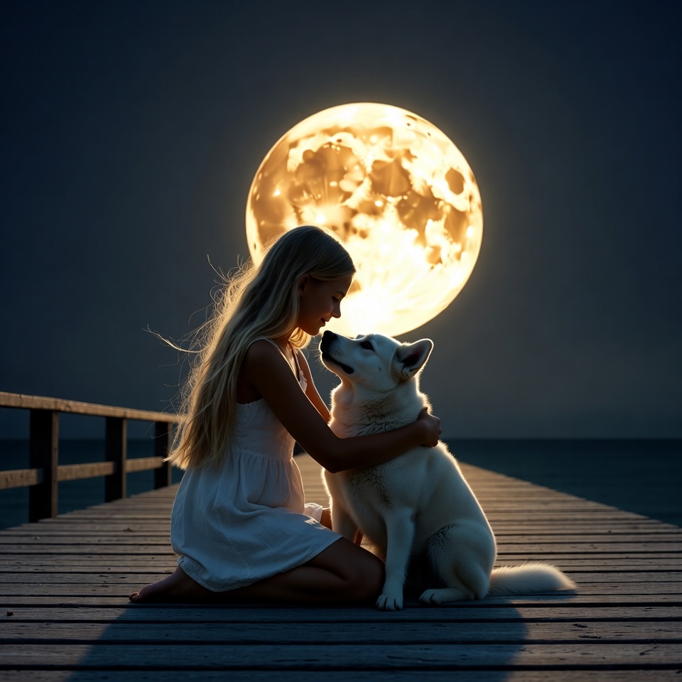 Girl hugging white dog under moonlit pier Girl hugging white dog under moonlit pier