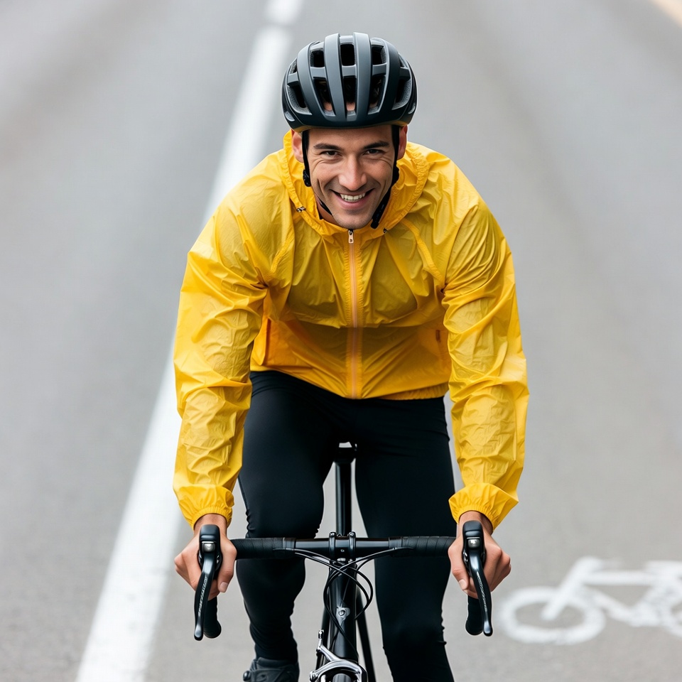 Man cycling in yellow rain jacket Man cycling in yellow rain jacket