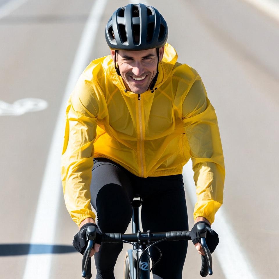 Man cycling in yellow rain jacket Man cycling in yellow rain jacket