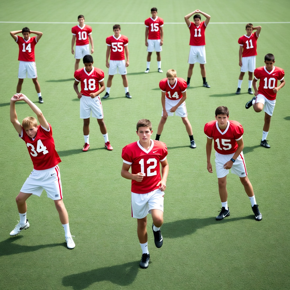 Football team boys stretching on field Football team boys stretching on field