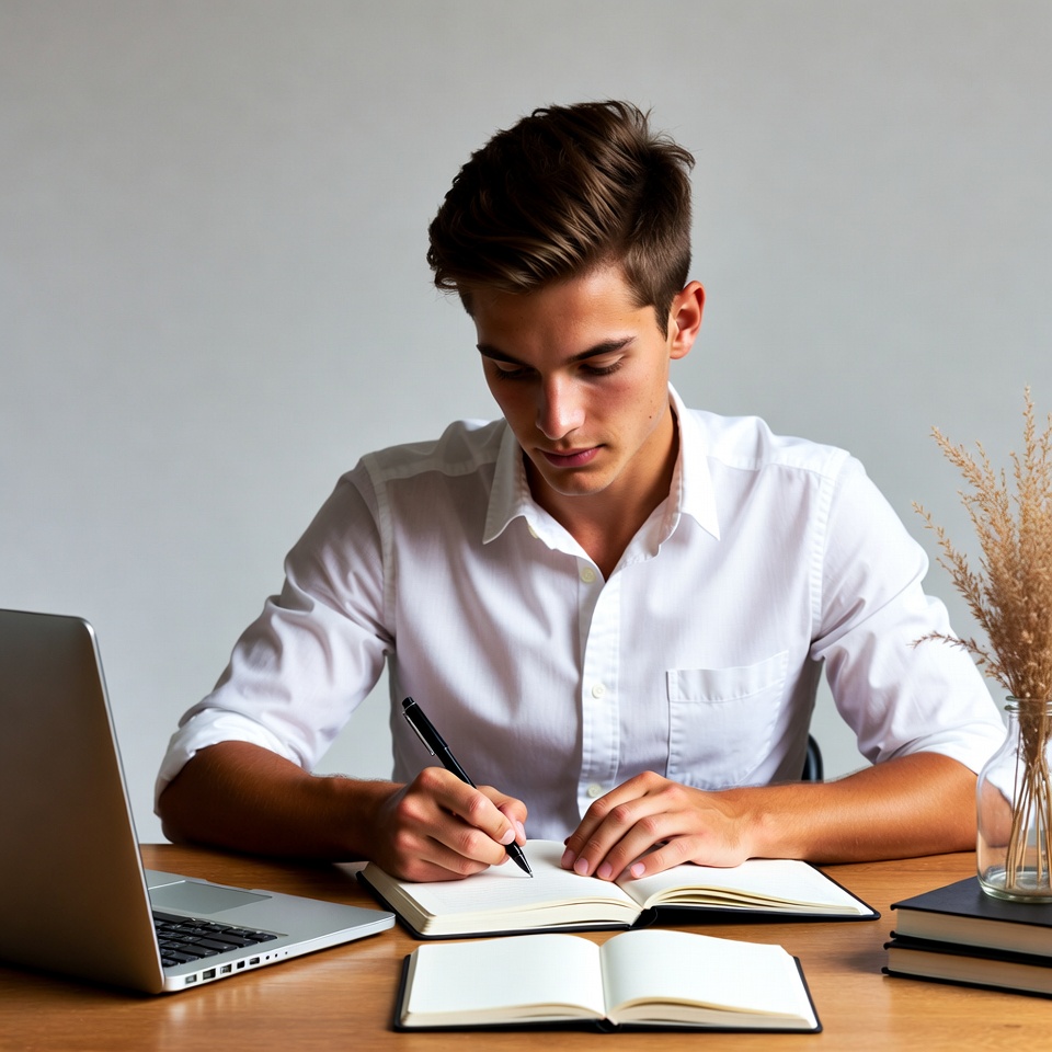 Young man writing in notebook Young man writing in notebook