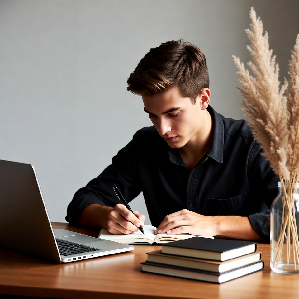 Young man writing in notebook at desk Young man writing in notebook at desk