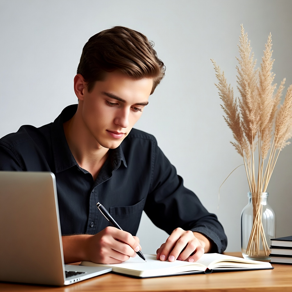 Young man writing in notebook Young man writing in notebook