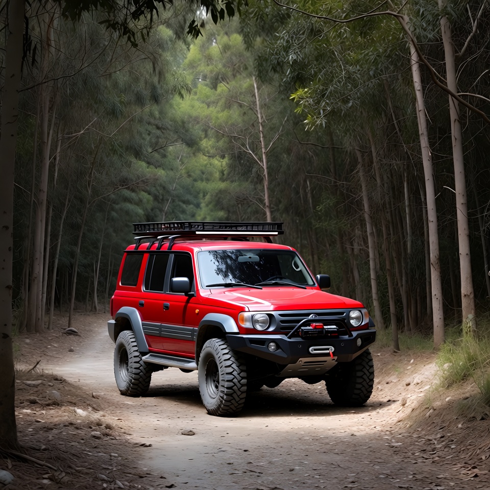 Red off-road SUV in forest trail Red off-road SUV in forest trail