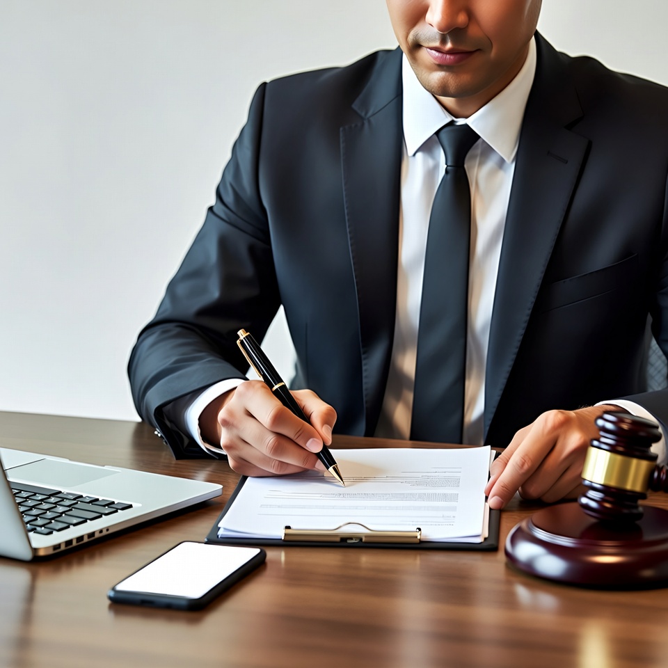 Businessman signing contract with gavel Businessman signing contract with gavel