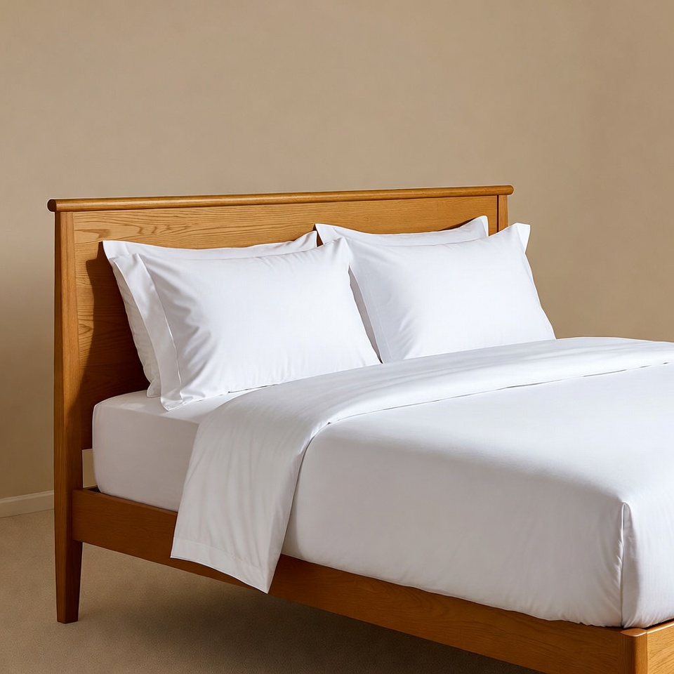 Wooden bed with white sheets Wooden bed with white sheets