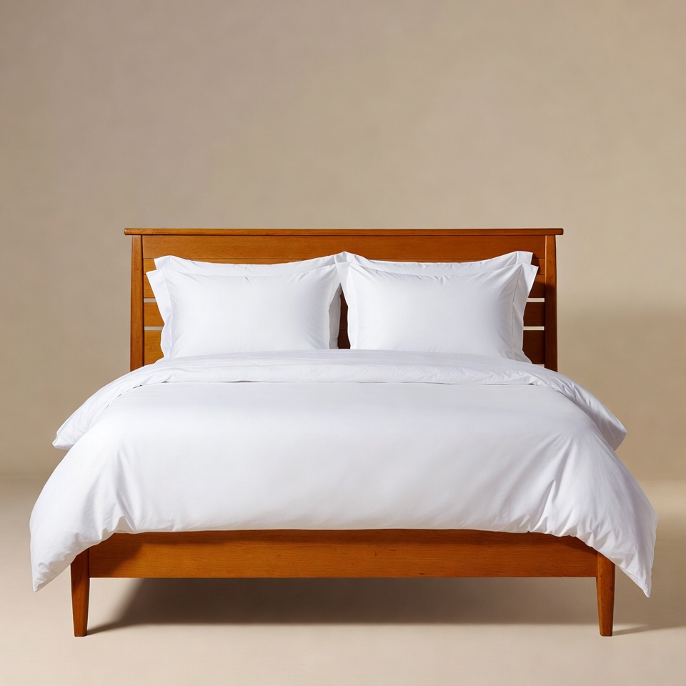 Wooden bed with white bedding Wooden bed with white bedding