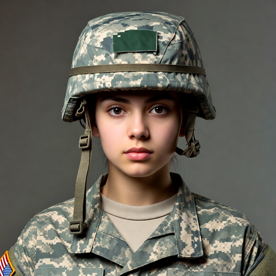 Young woman in camouflage helmet Young woman in camouflage helmet
