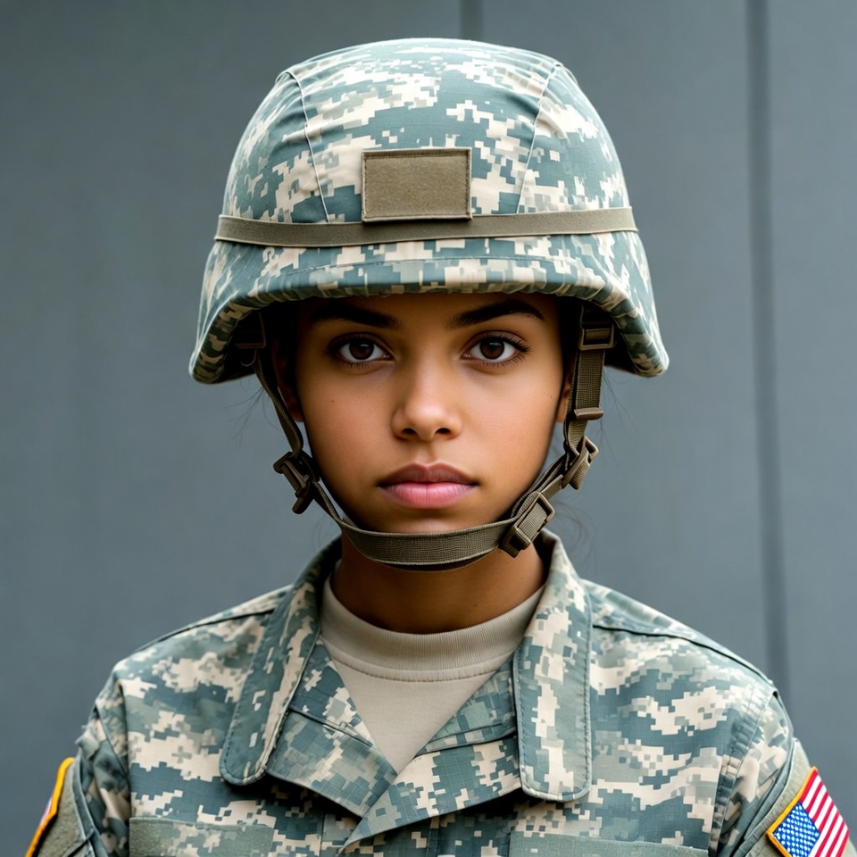 Young woman in camouflage helmet Young woman in camouflage helmet