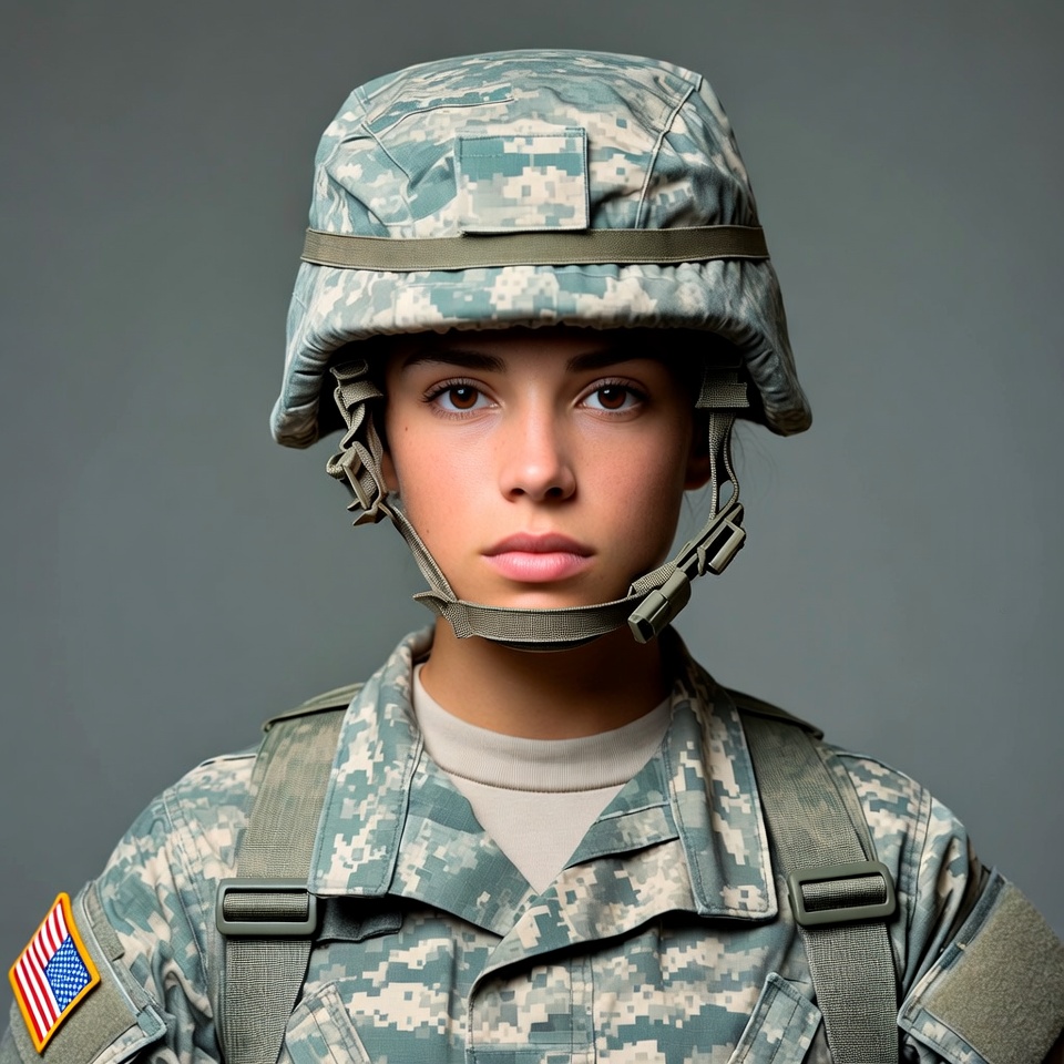 Woman in camouflage army helmet Woman in camouflage army helmet