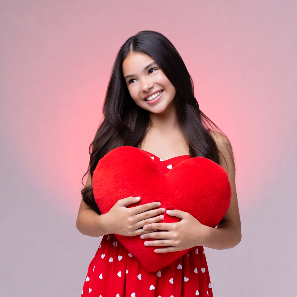 Asian girl hugging red heart Asian girl hugging red heart