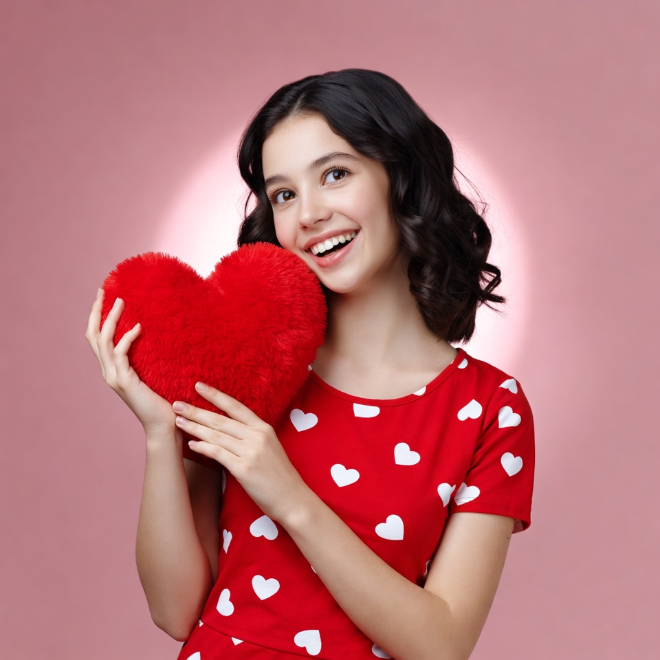 Girl holding red heart pillow Girl holding red heart pillow