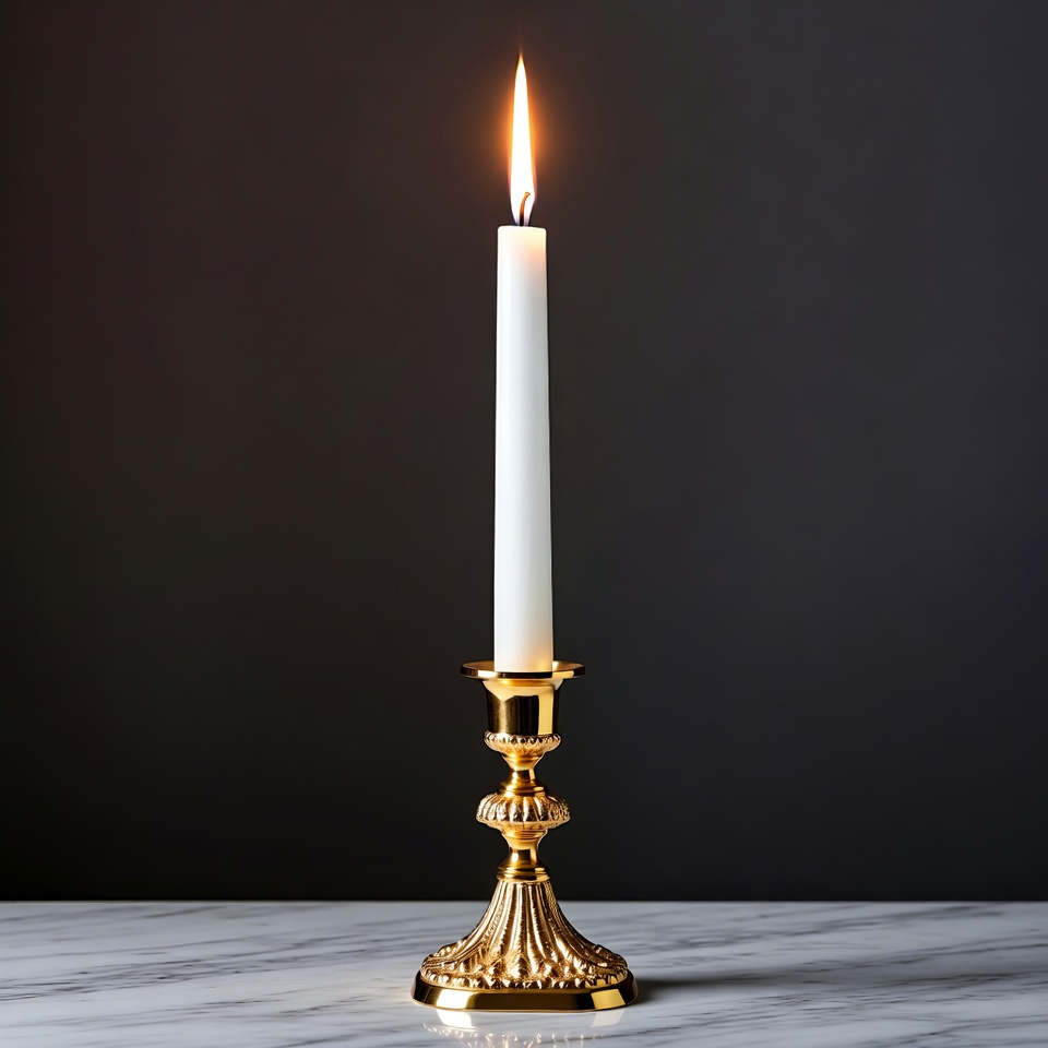 White Candle Burning on Gold Candlestick White Candle Burning on Gold Candlestick