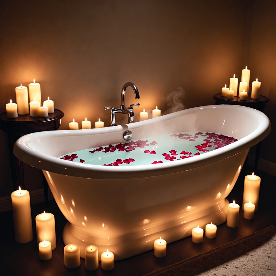 Bathtub Filled with Rose Petals and Candles Bathtub Filled with Rose Petals and Candles