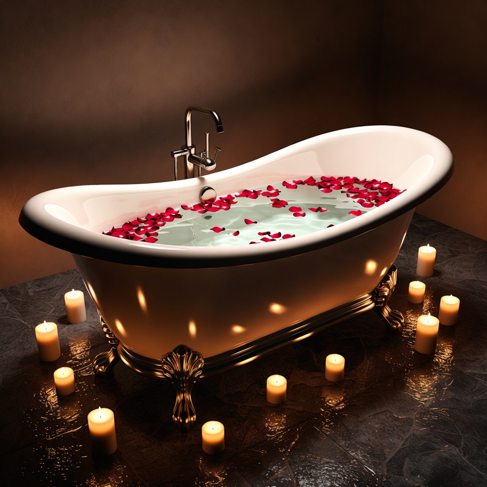 Bathtub Filled with Rose Petals and Candles Bathtub Filled with Rose Petals and Candles