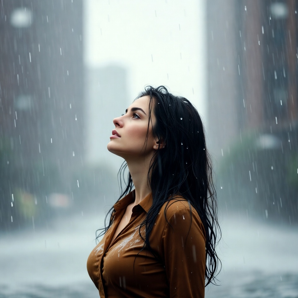 Woman looking up in rain Woman looking up in rain