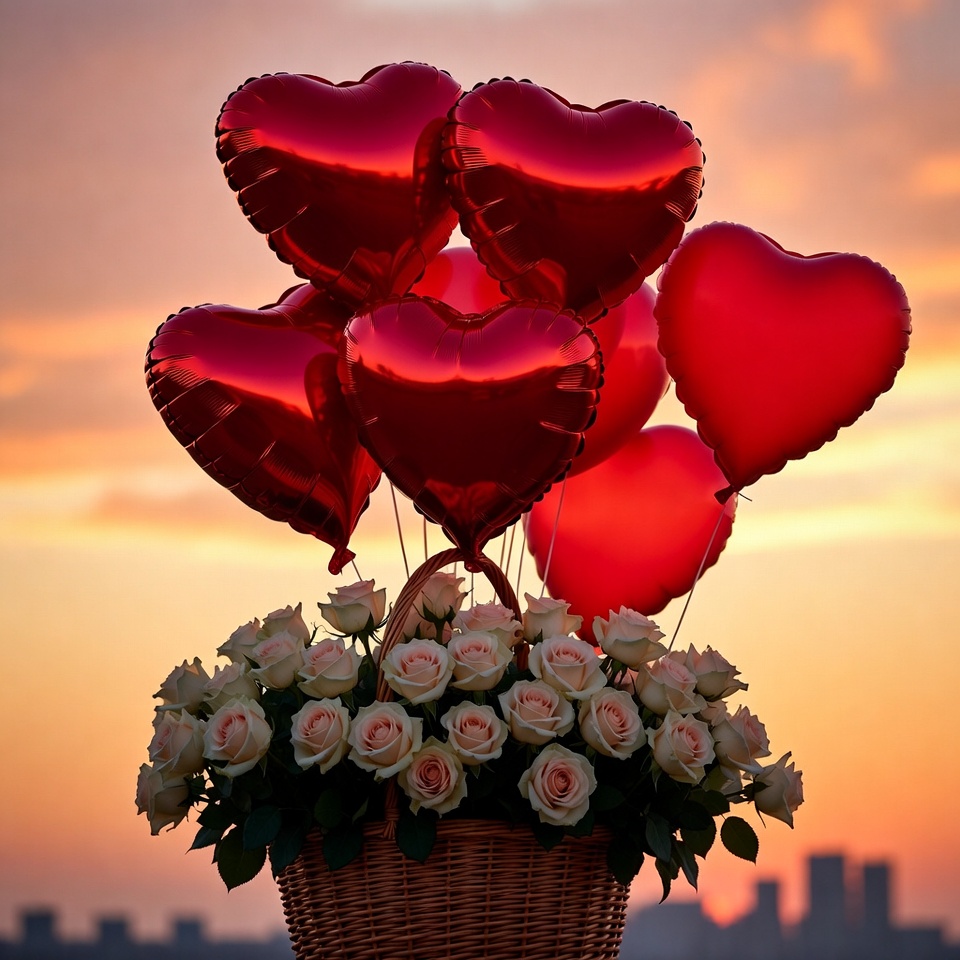 Red Heart Balloons and Roses at Sunset Red Heart Balloons and Roses at Sunset