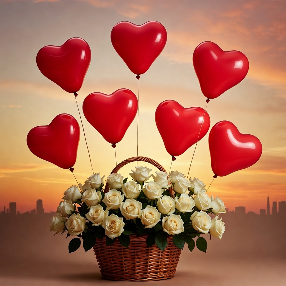 Red Heart Balloons White Roses Basket Red Heart Balloons White Roses Basket