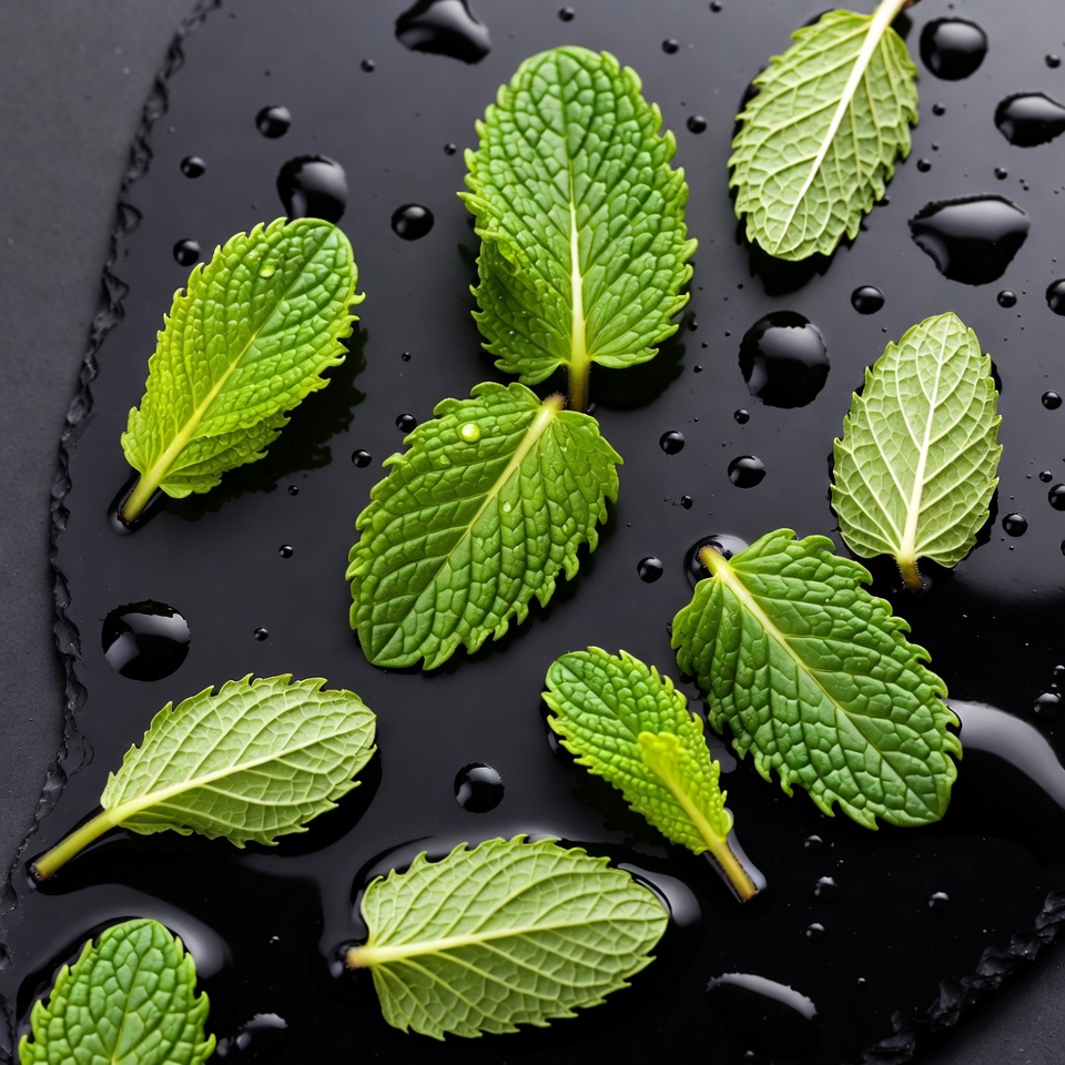 Fresh mint leaves on black slate Fresh mint leaves on black slate