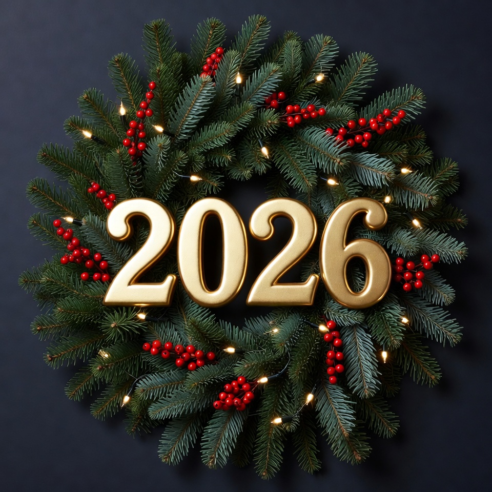 Christmas Wreath with 2026 Gold Numbers Christmas Wreath with 2026 Gold Numbers