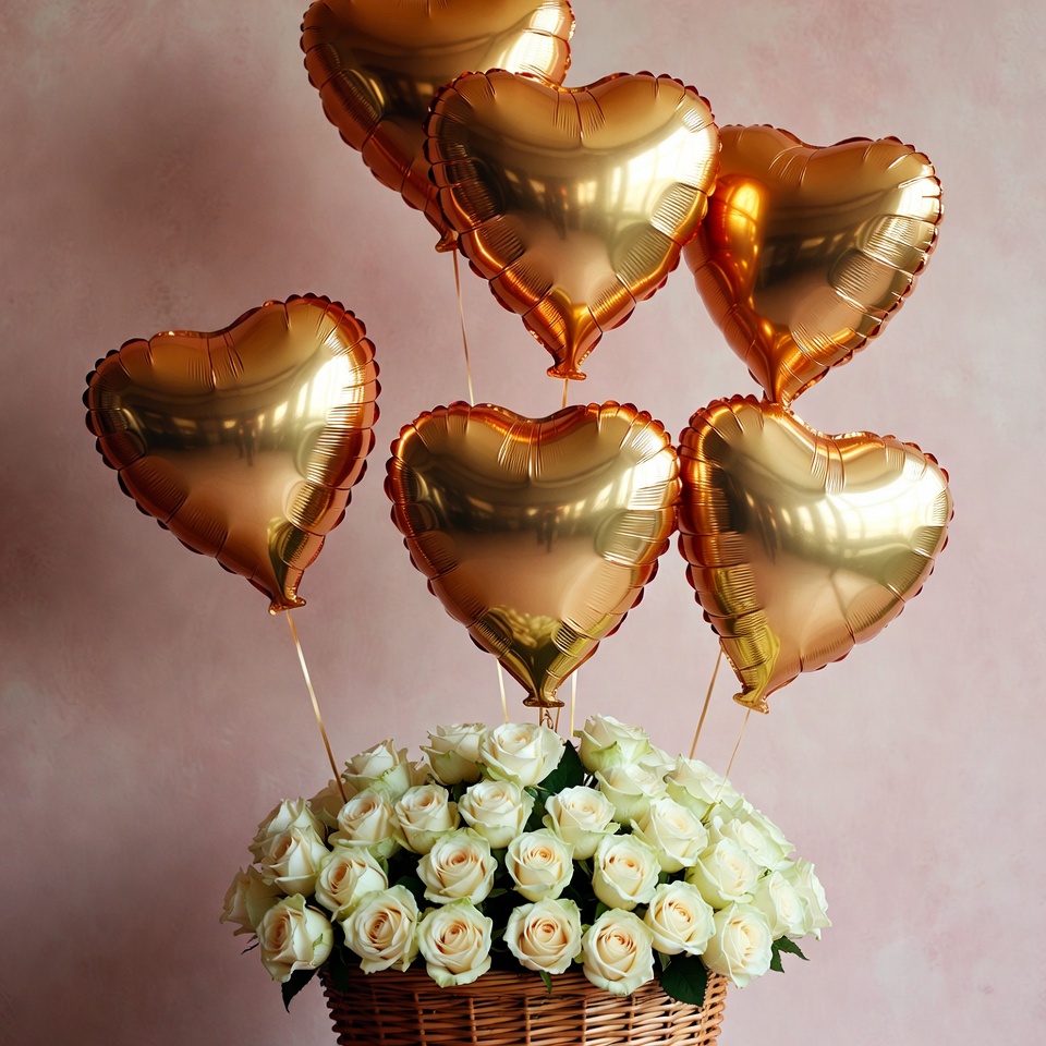 Gold heart balloons with white roses Gold heart balloons with white roses
