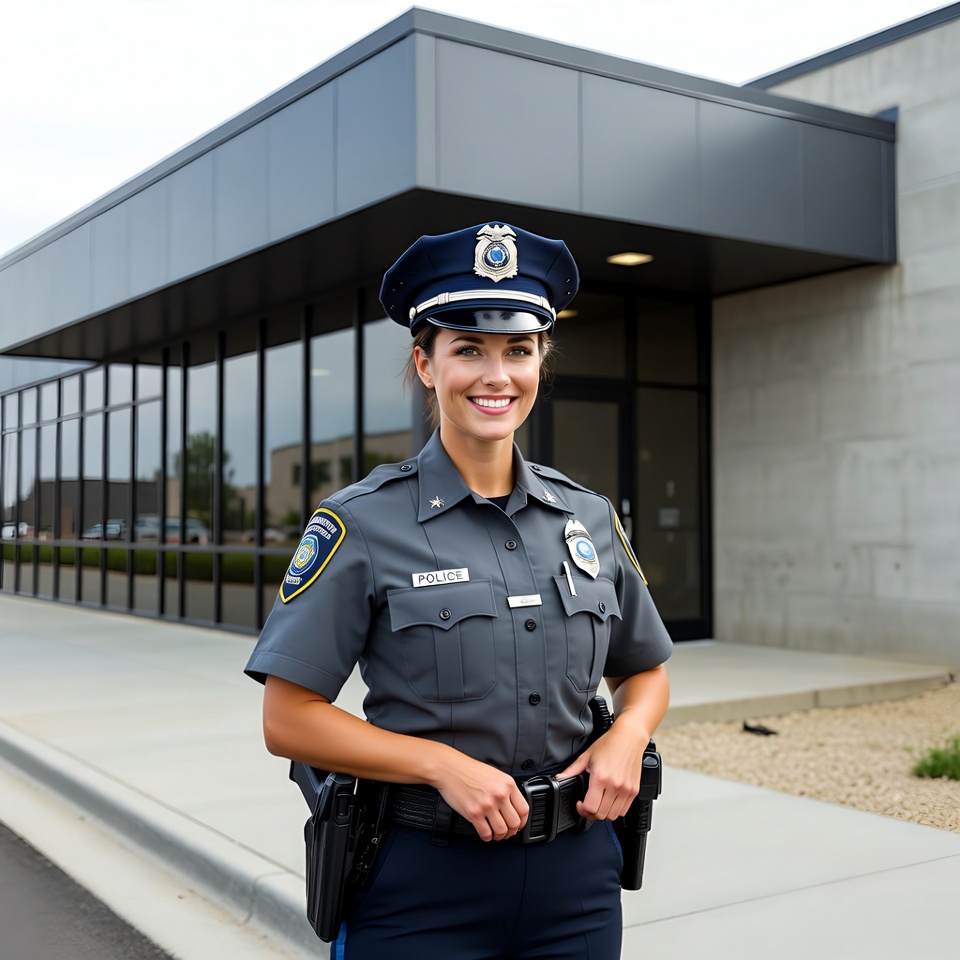 Female police officer standing outside station Female police officer standing outside station