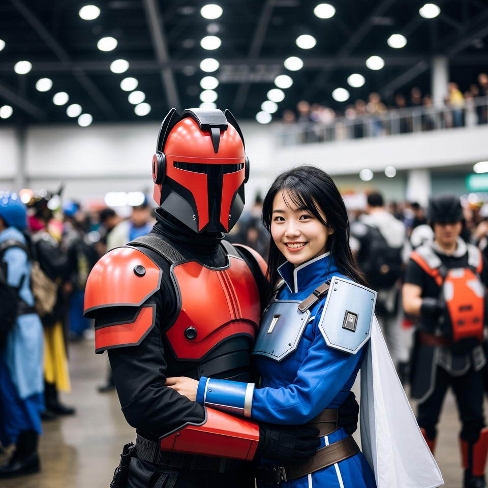 Mandalorian and Asian woman cosplay couple Mandalorian and Asian woman cosplay couple
