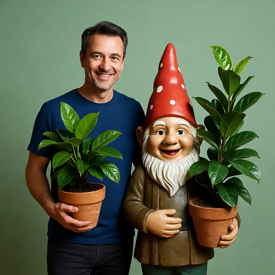 Man smiling with garden gnome and plants Man smiling with garden gnome and plants