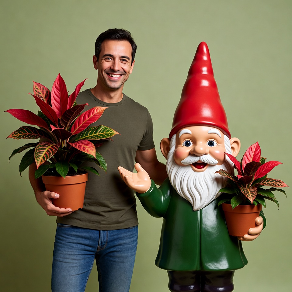 Man smiling with giant garden gnome Man smiling with giant garden gnome