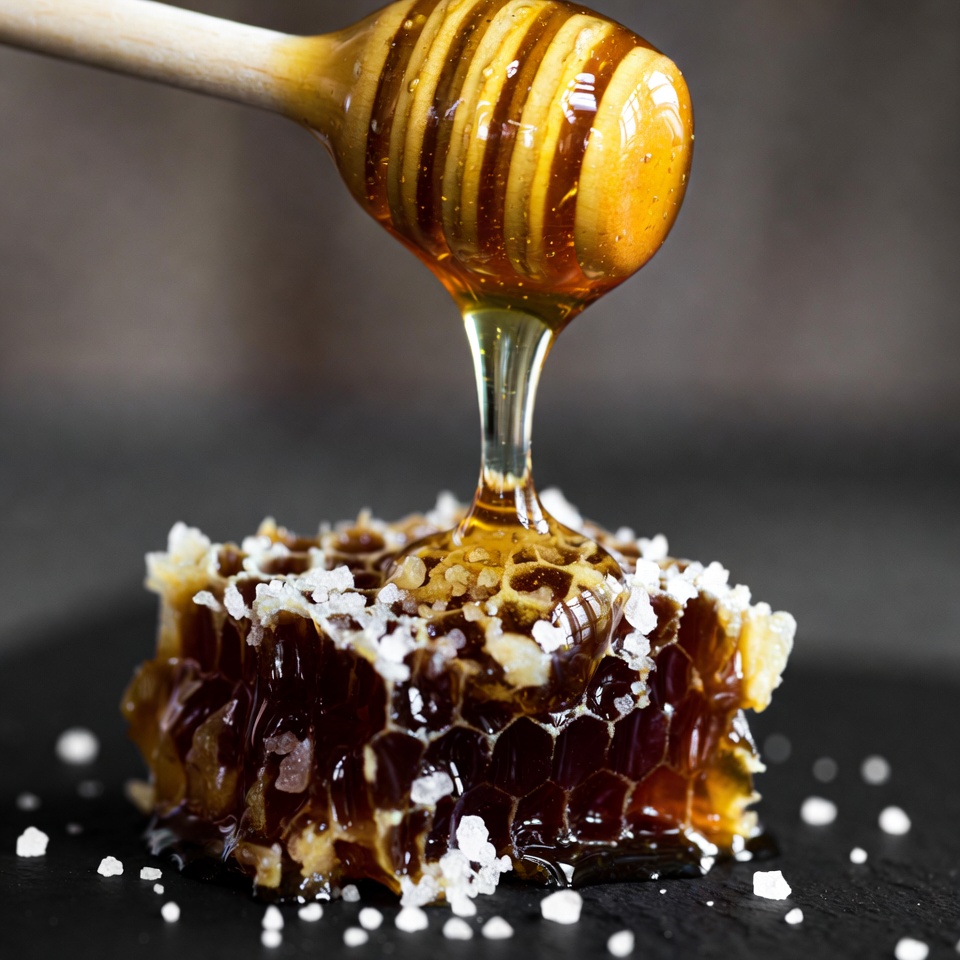 Honey dripping from wooden dipper Honey dripping from wooden dipper