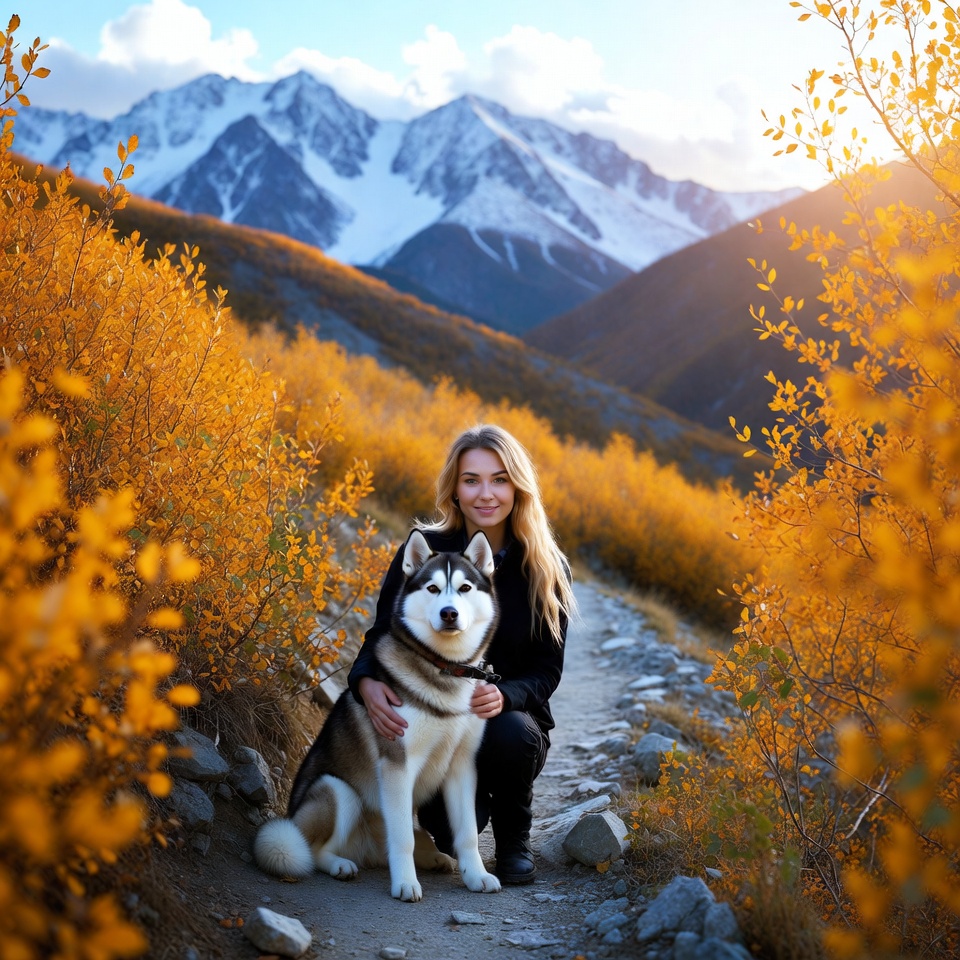 Woman with Siberian Husky in autumn mountains Woman with Siberian Husky in autumn mountains