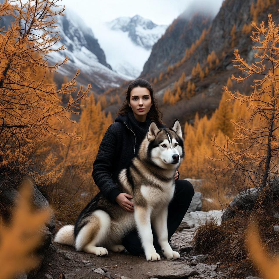 Woman hugging husky in autumn mountains Woman hugging husky in autumn mountains