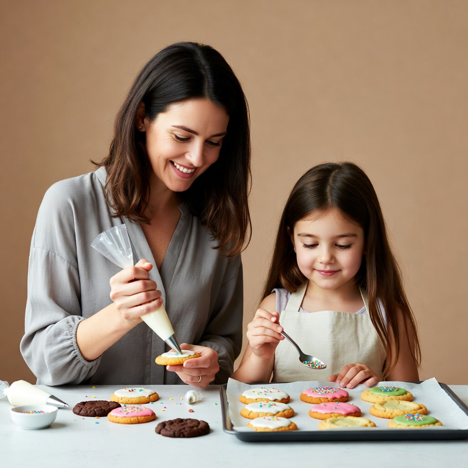 Mother and daughter decorating cookies Mother and daughter decorating cookies