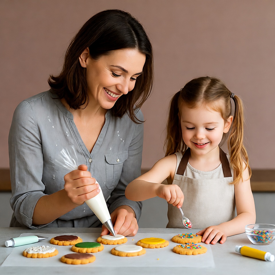Mother and daughter decorating cookies Mother and daughter decorating cookies
