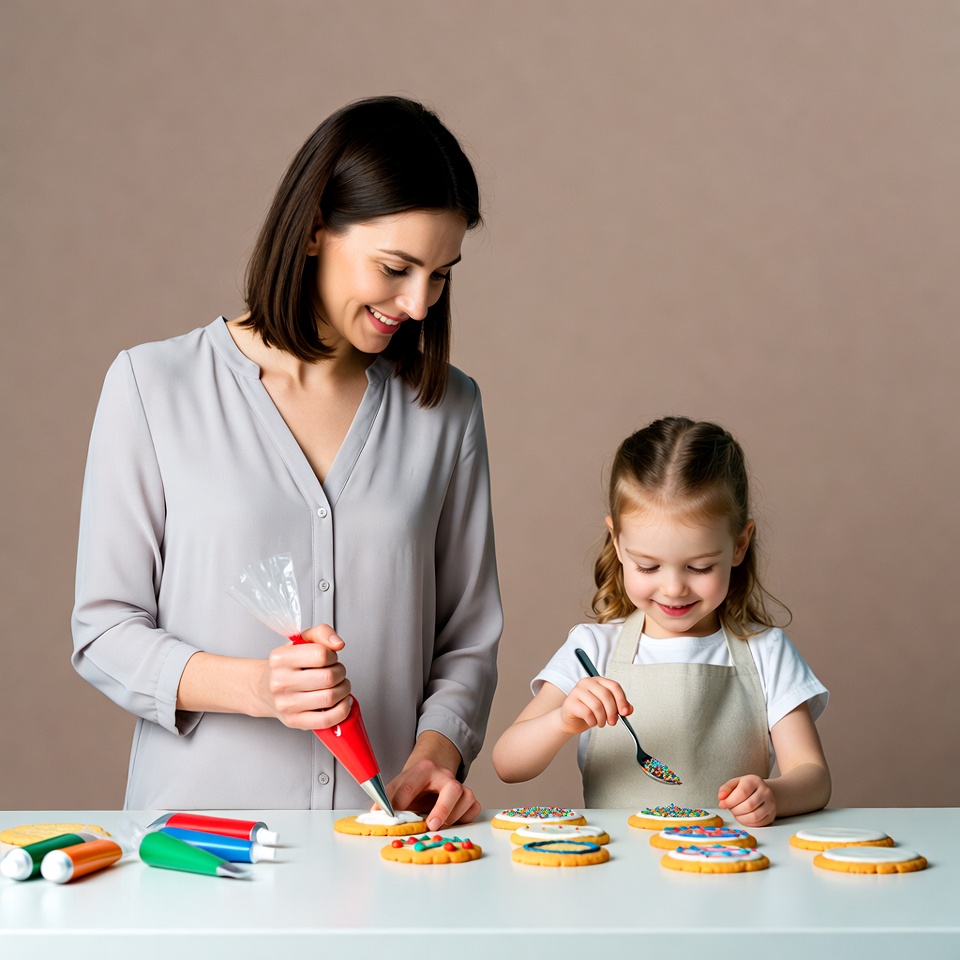 Mother and daughter decorating cookies Mother and daughter decorating cookies