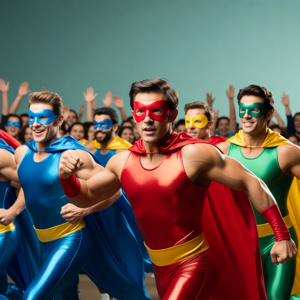 Group of superhero men running Group of superhero men running