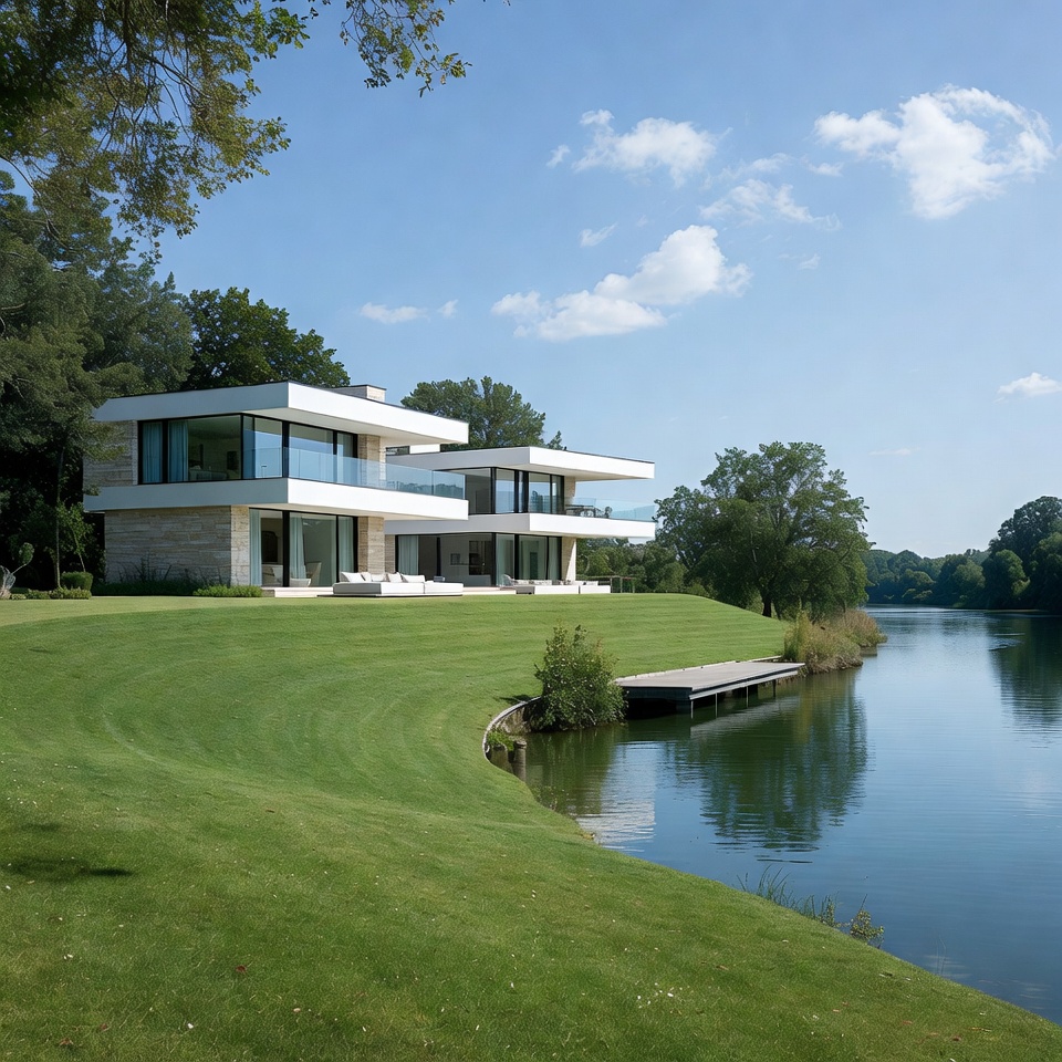 Modern white house by lake Modern white house by lake