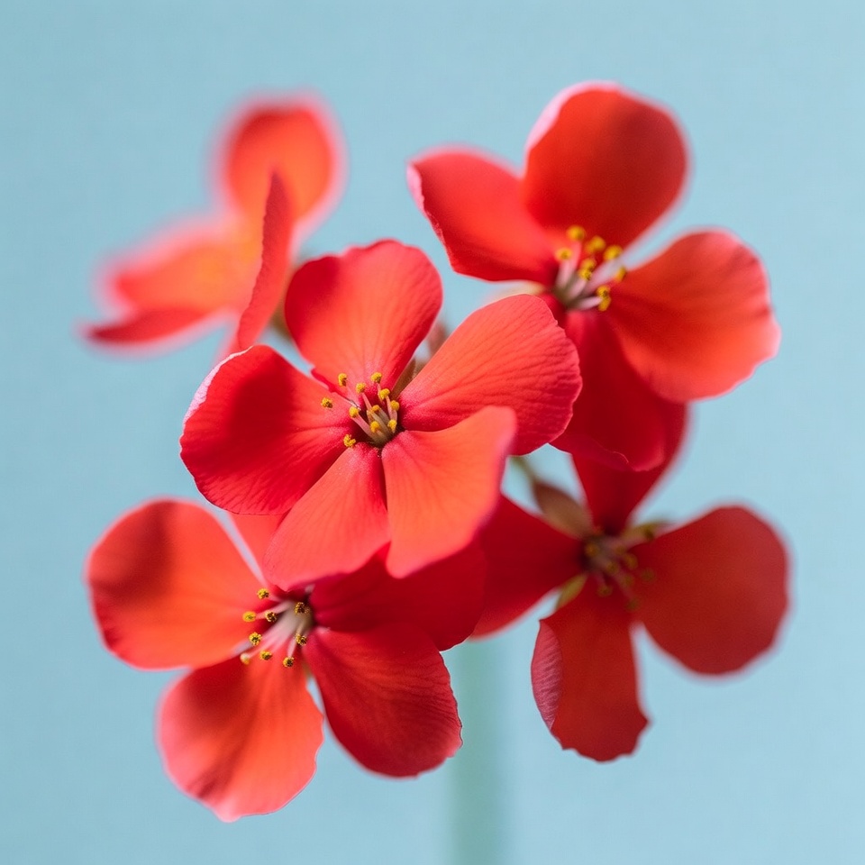 Red Geranium Flowers on Blue Background Red Geranium Flowers on Blue Background