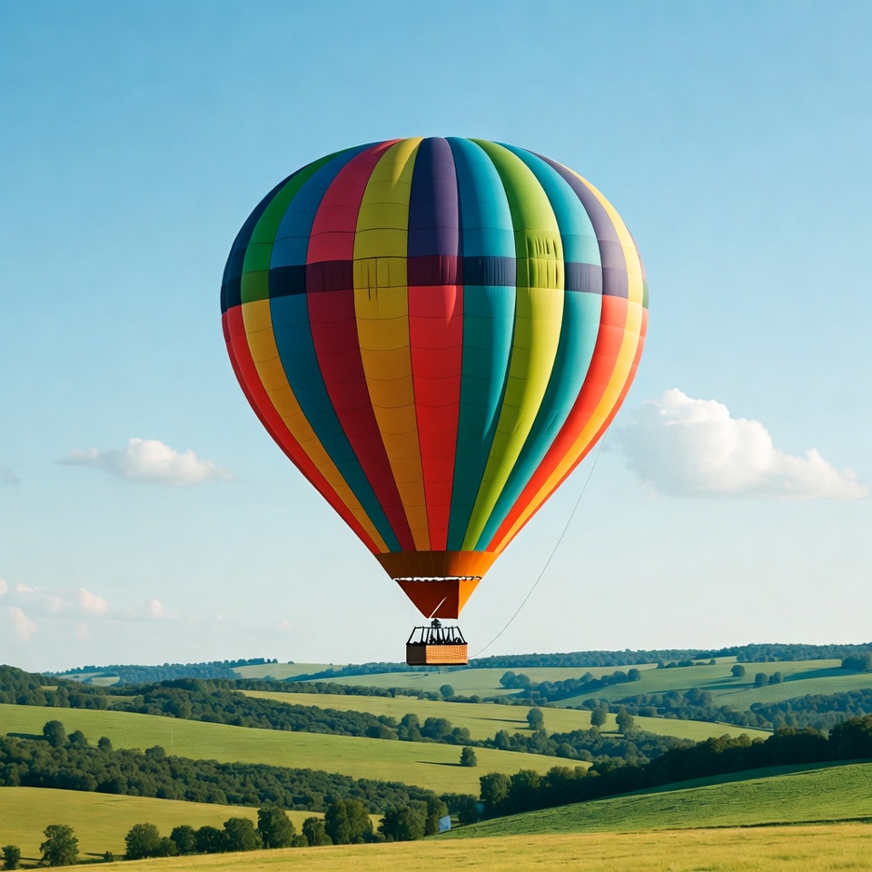 Colorful hot air balloon over green hills Colorful hot air balloon over green hills