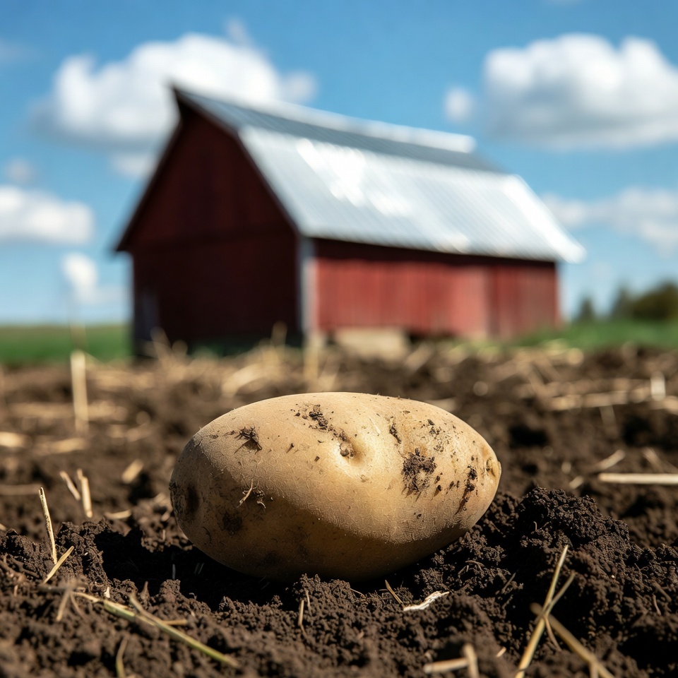 Potato in soil with red barn Potato in soil with red barn