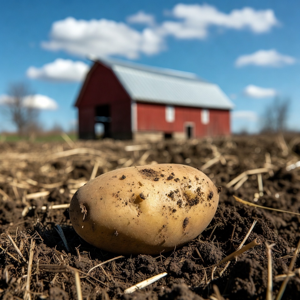 Potato in front of red barn Potato in front of red barn