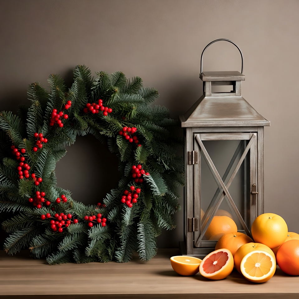 Christmas Wreath with Lantern and Oranges Christmas Wreath with Lantern and Oranges
